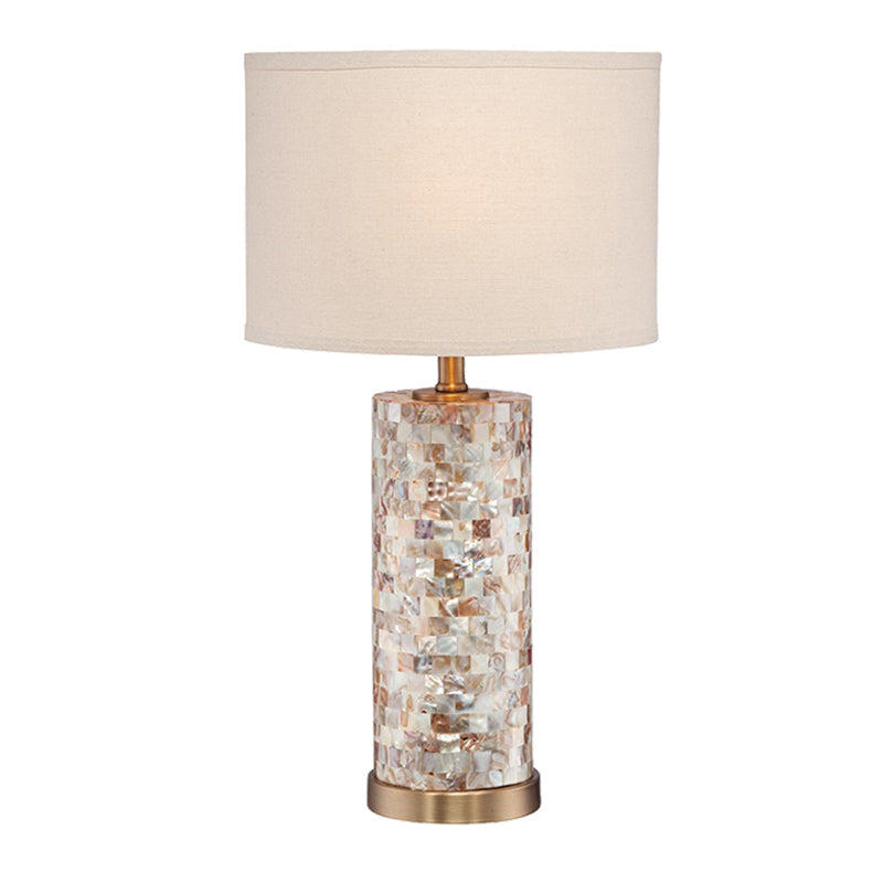 Shell Patchwork Column Nightstand Light Minimalist 1 Head Parlor Table Lamp with Cylinder Fabric Shade in Flaxen/White Clearhalo 'Lamps' 'Table Lamps' Lighting' 1136496