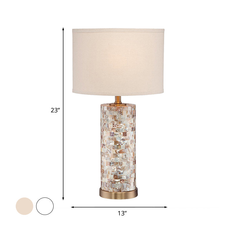 Shell Patchwork Column Nightstand Light Minimalist 1 Head Parlor Table Lamp with Cylinder Fabric Shade in Flaxen/White Clearhalo 'Lamps' 'Table Lamps' Lighting' 1136497
