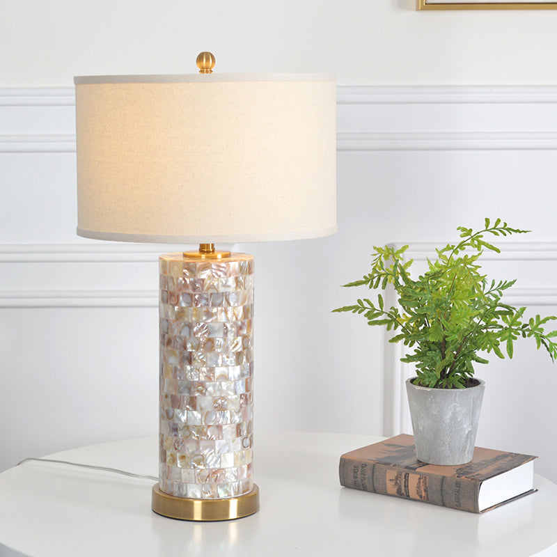 Shell Patchwork Column Nightstand Light Minimalist 1 Head Parlor Table Lamp with Cylinder Fabric Shade in Flaxen/White White Clearhalo 'Lamps' 'Table Lamps' Lighting' 1136498