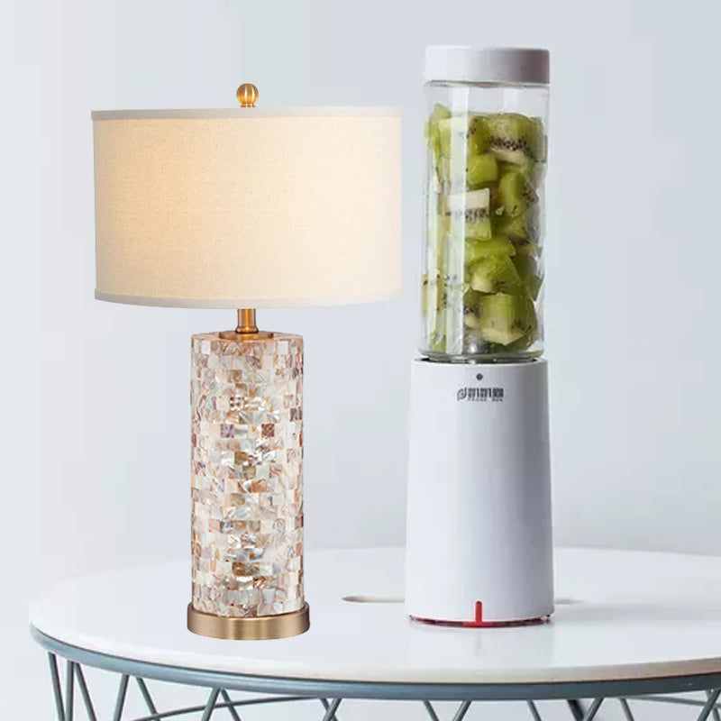 Shell Patchwork Column Nightstand Light Minimalist 1 Head Parlor Table Lamp with Cylinder Fabric Shade in Flaxen/White Clearhalo 'Lamps' 'Table Lamps' Lighting' 1136499
