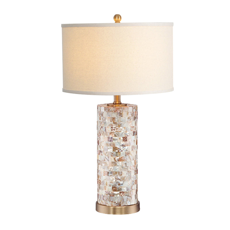 Shell Patchwork Column Nightstand Light Minimalist 1 Head Parlor Table Lamp with Cylinder Fabric Shade in Flaxen/White Clearhalo 'Lamps' 'Table Lamps' Lighting' 1136501