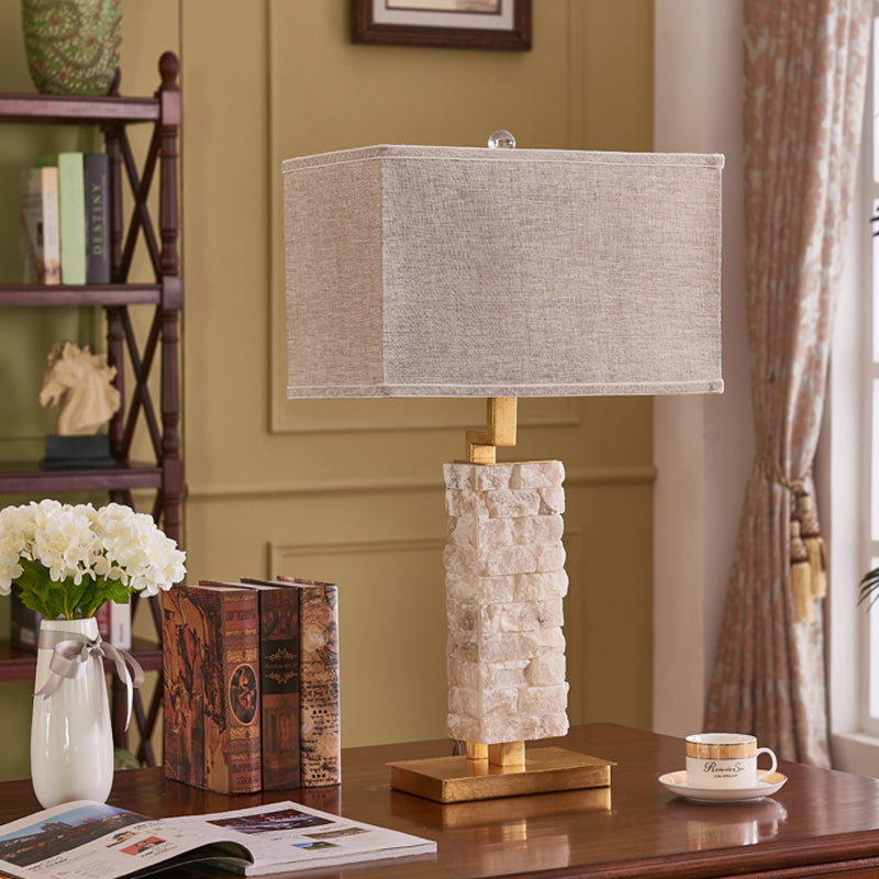 1 Head Stone Night Stand Light Traditional Flaxen Rectangular Dining Room Table Lamp with Fabric Shade Flaxen Clearhalo 'Lamps' 'Table Lamps' Lighting' 1136510