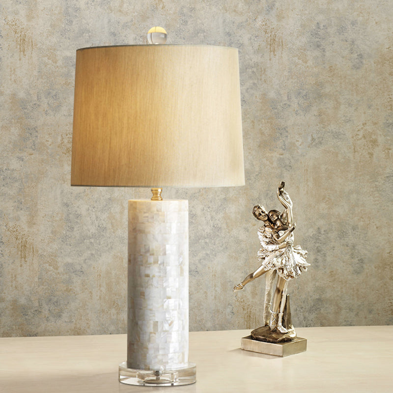 Countryside Cylinder Nightstand Light 1 Bulb Fabric Table Lamp with Column Shell Pedestal in White White Clearhalo 'Lamps' 'Table Lamps' Lighting' 1136521