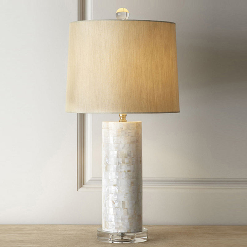 Countryside Cylinder Nightstand Light 1 Bulb Fabric Table Lamp with Column Shell Pedestal in White Clearhalo 'Lamps' 'Table Lamps' Lighting' 1136522