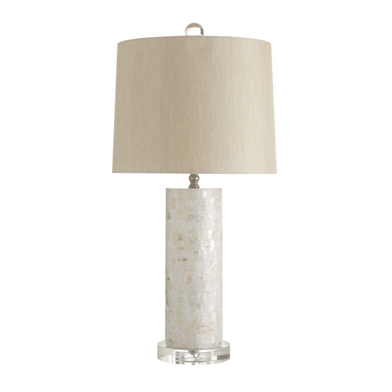Countryside Cylinder Nightstand Light 1 Bulb Fabric Table Lamp with Column Shell Pedestal in White Clearhalo 'Lamps' 'Table Lamps' Lighting' 1136523