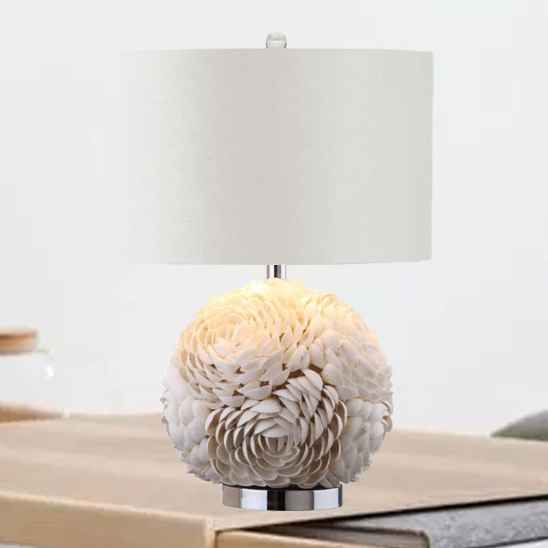 Rose Globe Kitchen Table Lighting Rural Shell 1-Light White Nightstand Lamp with Drum Shade Clearhalo 'Lamps' 'Table Lamps' Lighting' 1136526