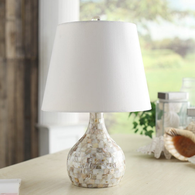 Shell Pear Shaped Night Light Countryside 1 Head Dining Room Table Lamp with Tapered Fabric Shade in White White Clearhalo 'Lamps' 'Table Lamps' Lighting' 1136533