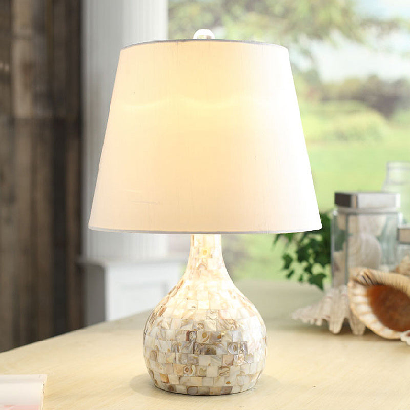 Shell Pear Shaped Night Light Countryside 1 Head Dining Room Table Lamp with Tapered Fabric Shade in White Clearhalo 'Lamps' 'Table Lamps' Lighting' 1136534
