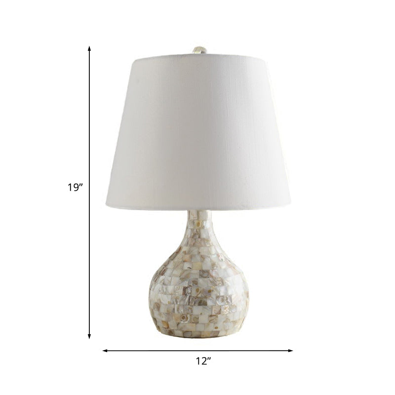 Shell Pear Shaped Night Light Countryside 1 Head Dining Room Table Lamp with Tapered Fabric Shade in White Clearhalo 'Lamps' 'Table Lamps' Lighting' 1136536