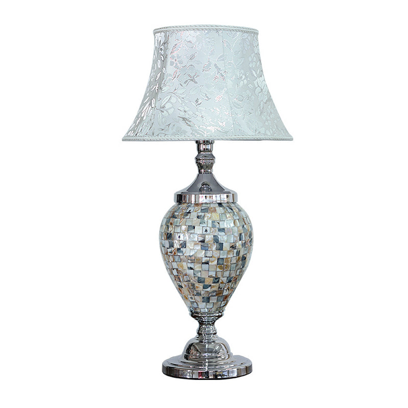 1-Light Print Fabric Table Lamp Traditional Light-Blue Flared Living Room Night Stand Light with Oval Shell Base Clearhalo 'Lamps' 'Table Lamps' Lighting' 1136539