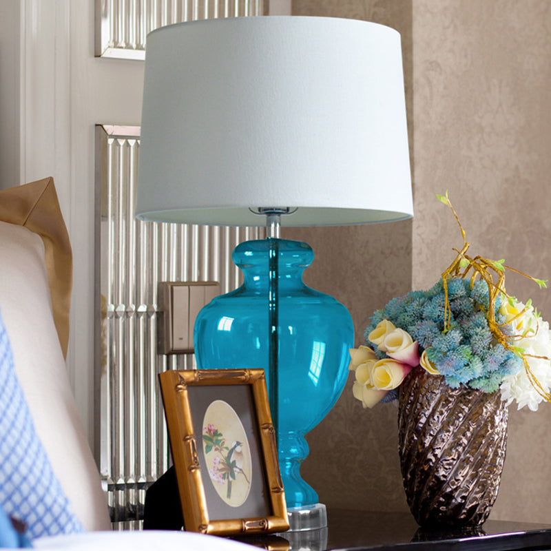 1 Head Table Lighting Retro Bedroom Nightstand Lamp with Urn Blue Glass Base and Drum Fabric Shade Blue Clearhalo 'Lamps' 'Table Lamps' Lighting' 1136541