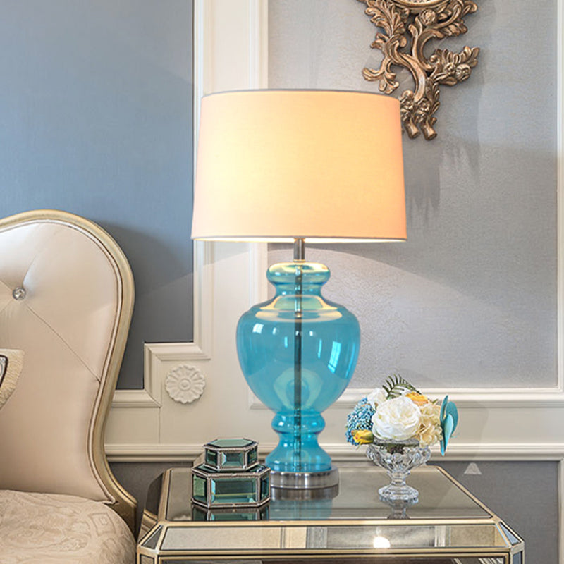 1 Head Table Lighting Retro Bedroom Nightstand Lamp with Urn Blue Glass Base and Drum Fabric Shade Clearhalo 'Lamps' 'Table Lamps' Lighting' 1136542