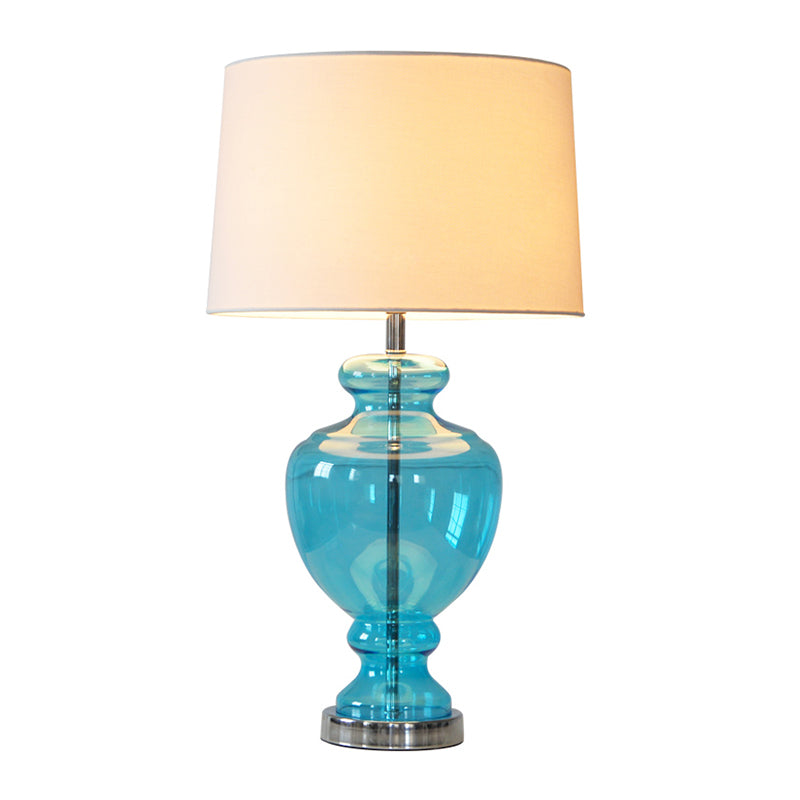 1 Head Table Lighting Retro Bedroom Nightstand Lamp with Urn Blue Glass Base and Drum Fabric Shade Clearhalo 'Lamps' 'Table Lamps' Lighting' 1136543