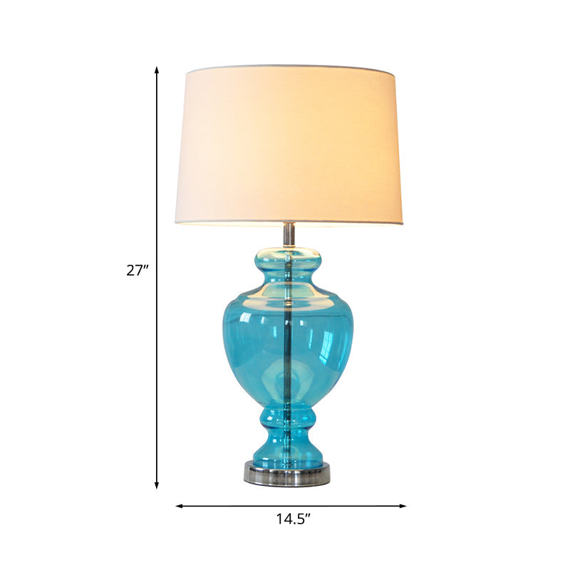 1 Head Table Lighting Retro Bedroom Nightstand Lamp with Urn Blue Glass Base and Drum Fabric Shade Clearhalo 'Lamps' 'Table Lamps' Lighting' 1136544