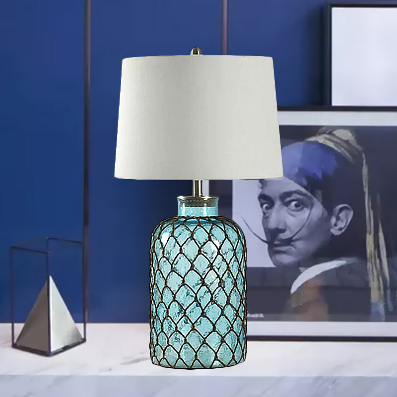 Jar Blue Glass Table Stand Lamp Vintage Single Living Room Night Light with Trellis Net and White Shade Blue Clearhalo 'Lamps' 'Table Lamps' Lighting' 1136545