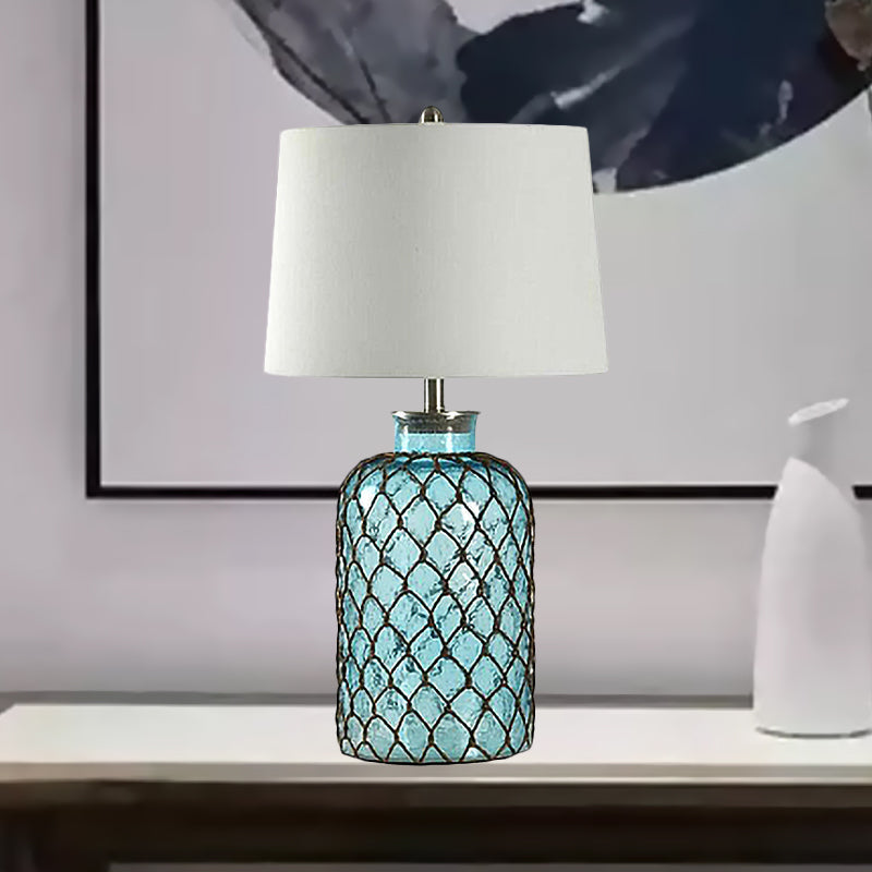 Jar Blue Glass Table Stand Lamp Vintage Single Living Room Night Light with Trellis Net and White Shade Clearhalo 'Lamps' 'Table Lamps' Lighting' 1136546