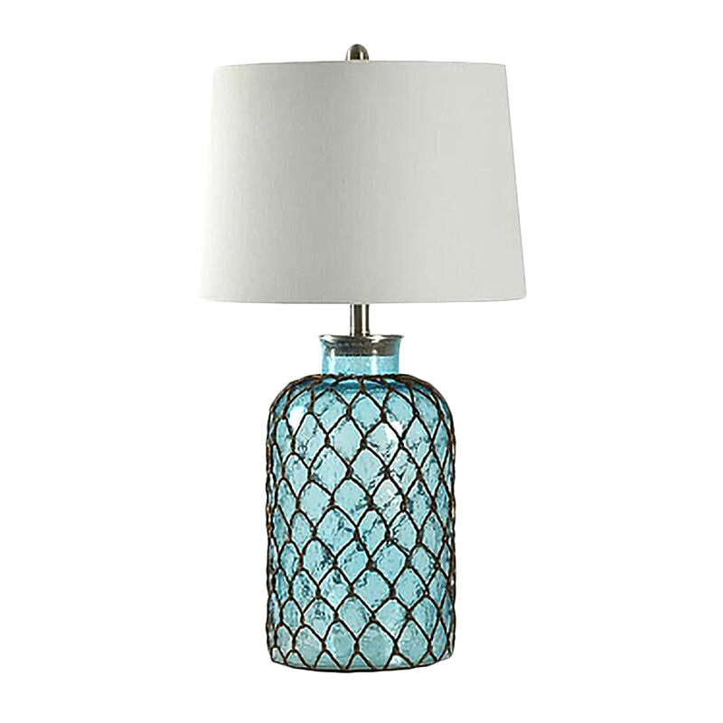 Jar Blue Glass Table Stand Lamp Vintage Single Living Room Night Light with Trellis Net and White Shade Clearhalo 'Lamps' 'Table Lamps' Lighting' 1136547