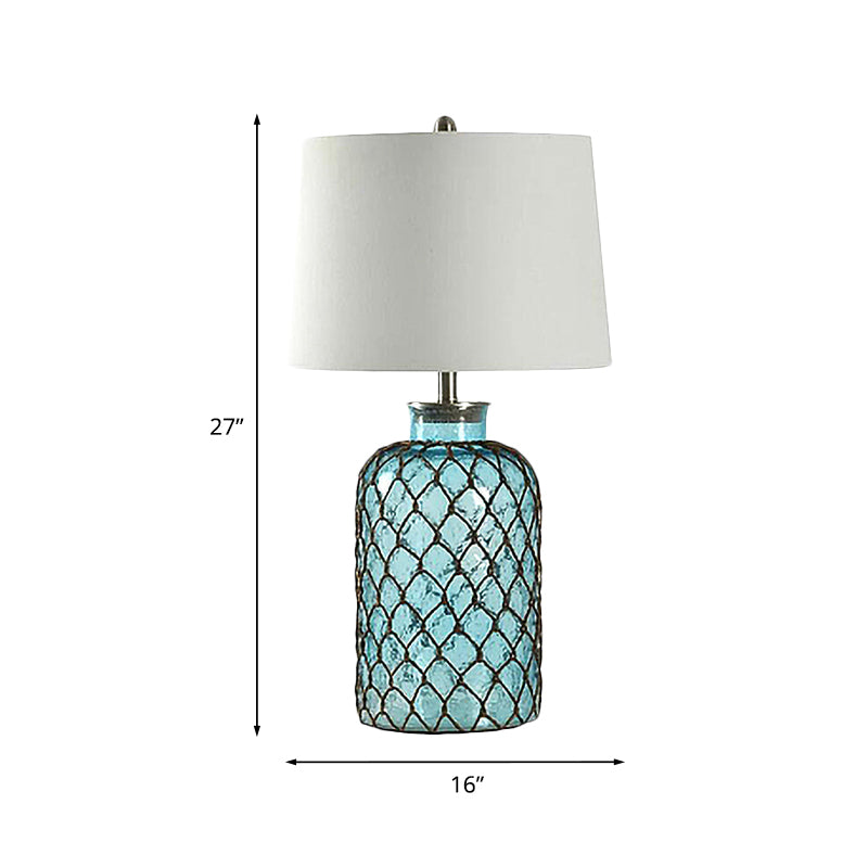 Jar Blue Glass Table Stand Lamp Vintage Single Living Room Night Light with Trellis Net and White Shade Clearhalo 'Lamps' 'Table Lamps' Lighting' 1136548