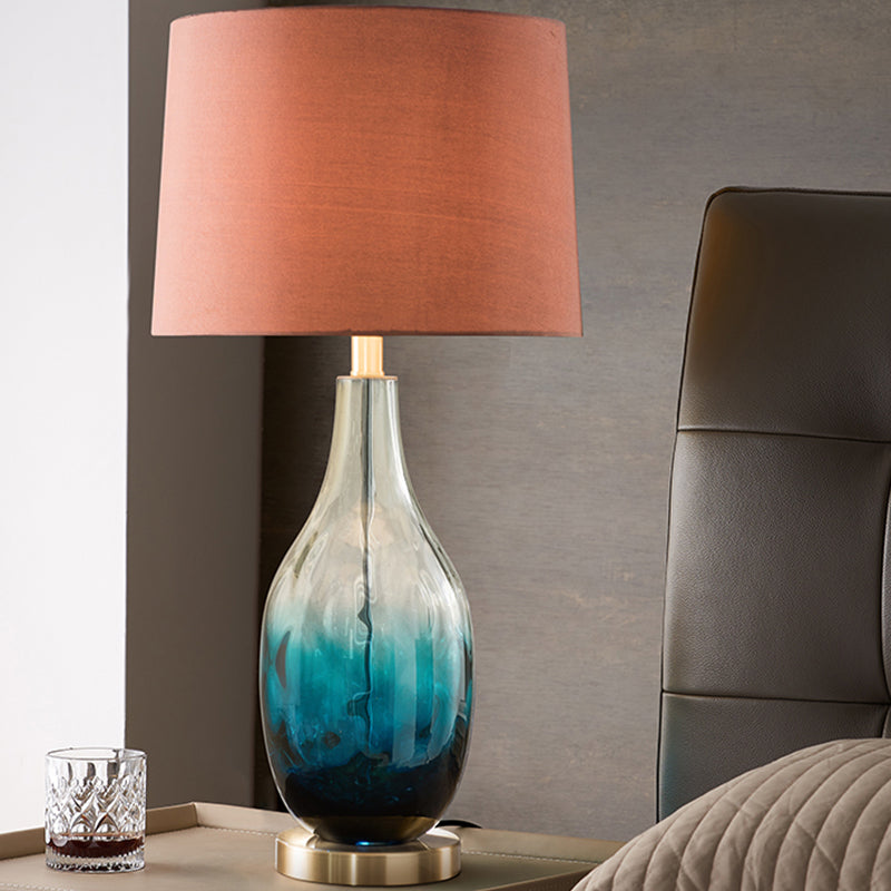 Beige/Brown 1 Head Nightstand Lamp Contemporary Fabric Drum Table Lighting with Jar Fading Blue Glass Base Brown Clearhalo 'Lamps' 'Table Lamps' Lighting' 1136556