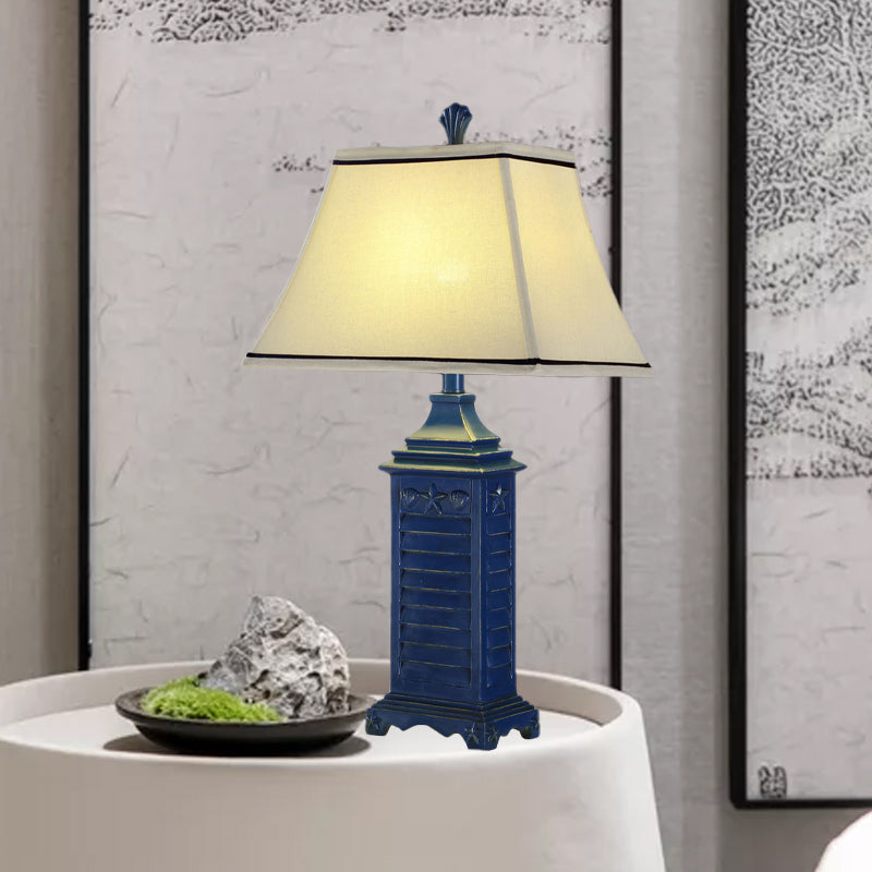 1-Light Pagoda Night Table Lamp Retro White Fabric Nightstand Light with Dark Blue Pedestal Dark Blue Clearhalo 'Lamps' 'Table Lamps' Lighting' 1136572