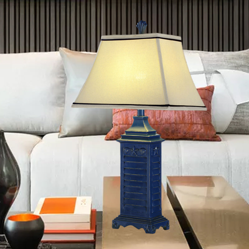 1-Light Pagoda Night Table Lamp Retro White Fabric Nightstand Light with Dark Blue Pedestal Clearhalo 'Lamps' 'Table Lamps' Lighting' 1136573