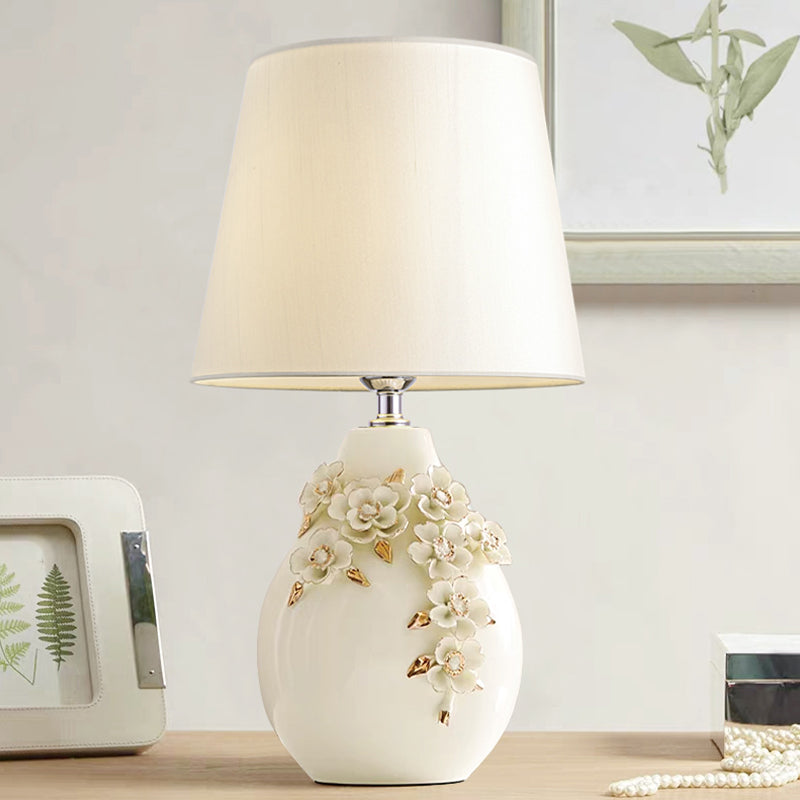 Ceramic White Table Lamp Magnolia-Embellished Vase Single Traditional Night Light with Shade, 18