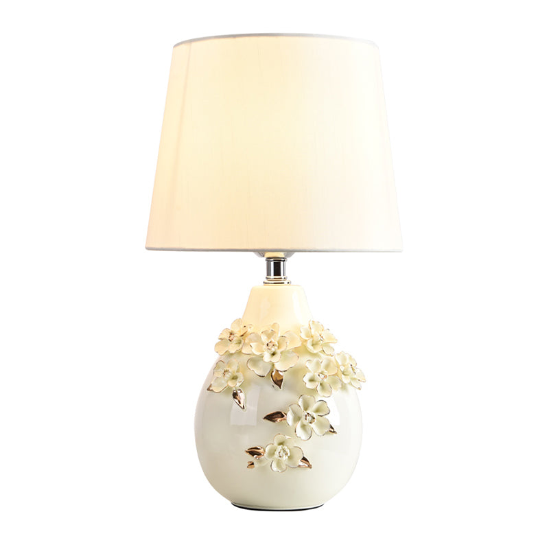 Ceramic White Table Lamp Magnolia-Embellished Vase Single Traditional Night Light with Shade, 18