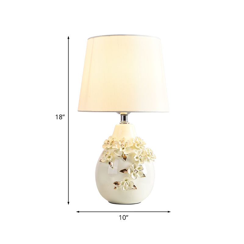 Ceramic White Table Lamp Magnolia-Embellished Vase Single Traditional Night Light with Shade, 18