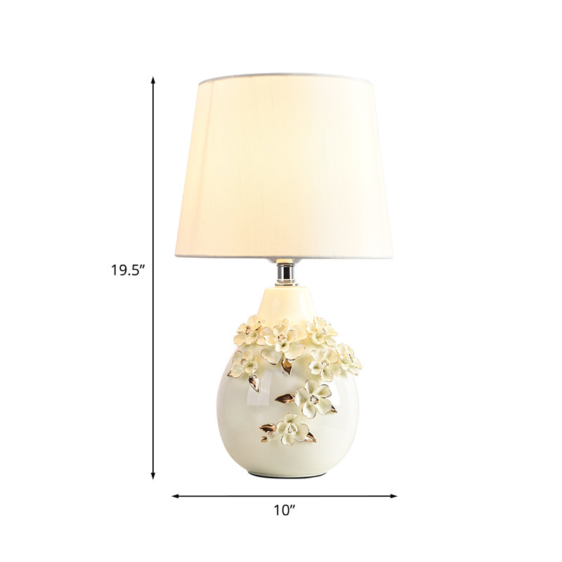 Ceramic White Table Lamp Magnolia-Embellished Vase Single Traditional Night Light with Shade, 18