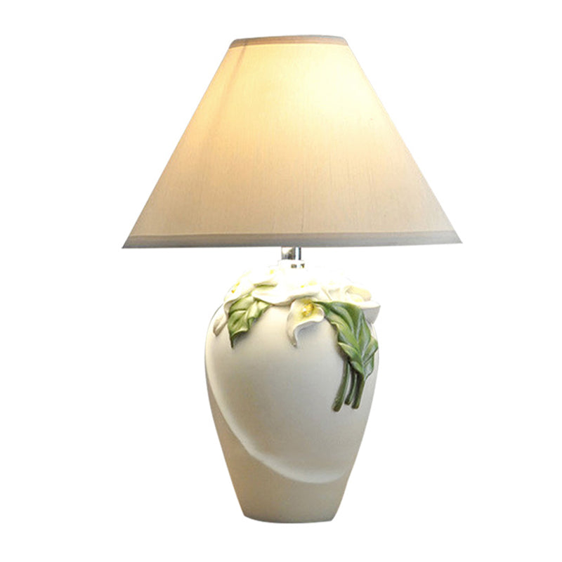 1-Bulb Embossed Lily Urn Night Lamp Rural White and Green Ceramic Table Light with Cone Shade Clearhalo 'Lamps' 'Table Lamps' Lighting' 1136594