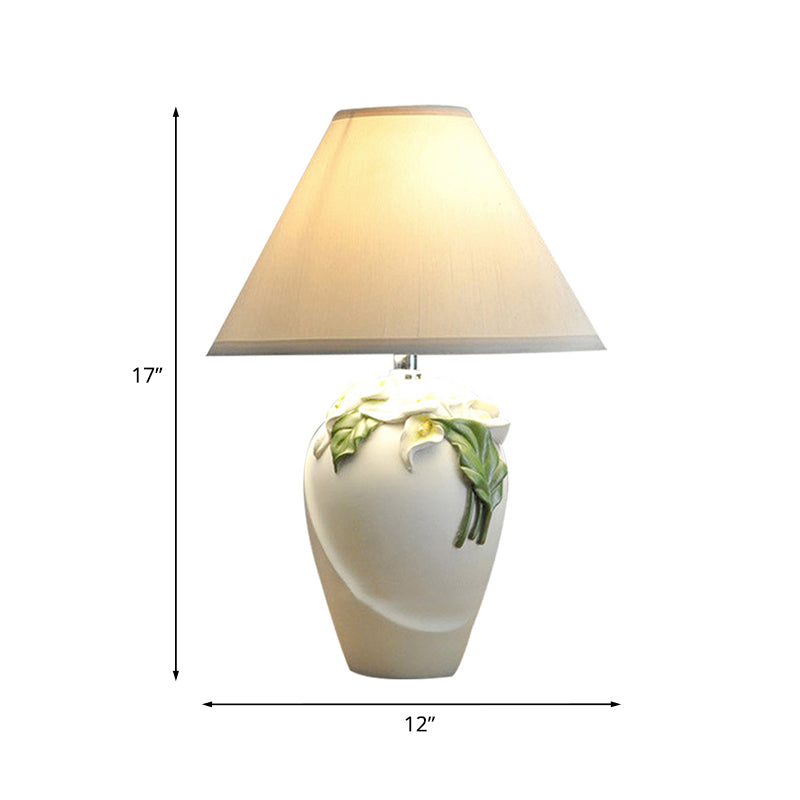 1-Bulb Embossed Lily Urn Night Lamp Rural White and Green Ceramic Table Light with Cone Shade Clearhalo 'Lamps' 'Table Lamps' Lighting' 1136595