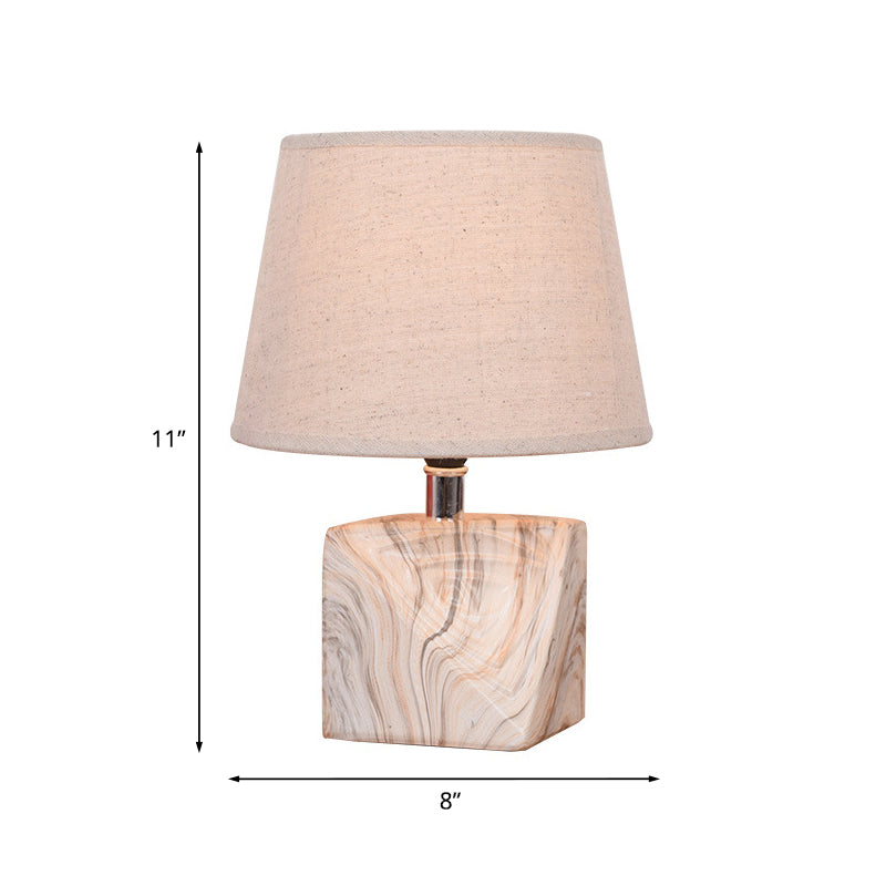 Tapered Fabric Table Lighting Rustic 1 Bulb Bedside Night Lamp with Wood Grain Block Base in White Clearhalo 'Lamps' 'Table Lamps' Lighting' 1136599