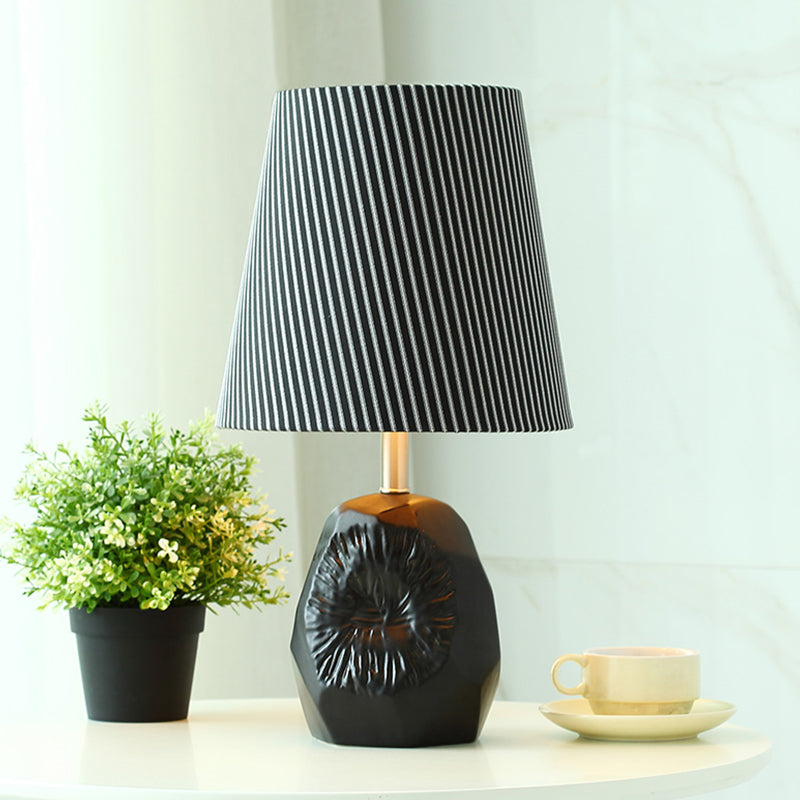 1-Light Ticking Stripe Fabric Table Lamp Modern Black Conical Kitchen Night Light with Hammered Base Black Clearhalo 'Lamps' 'Table Lamps' Lighting' 1136625