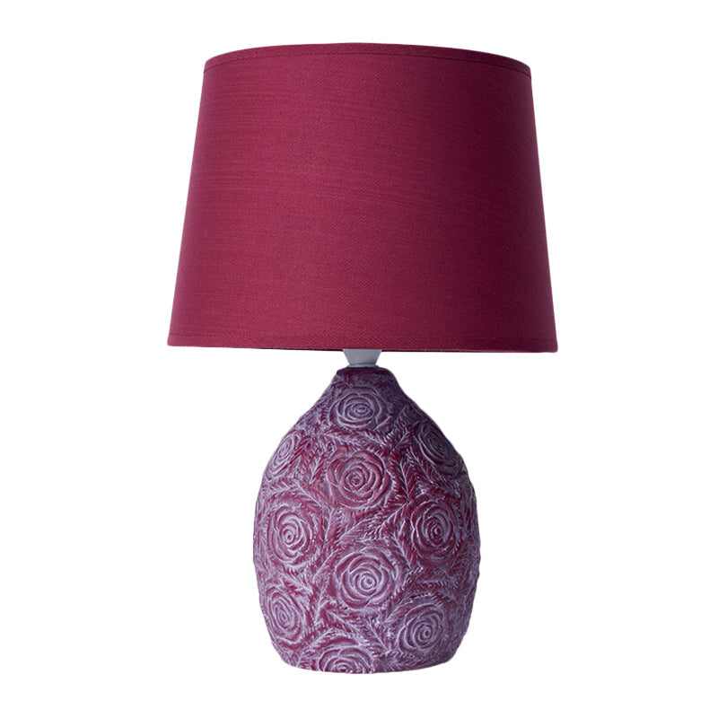 Rural Carved Rose Pot Night Lamp 1 Head Ceramic Table Light with Tapered Drum Shade in Purple and Red Clearhalo 'Lamps' 'Table Lamps' Lighting' 1136643