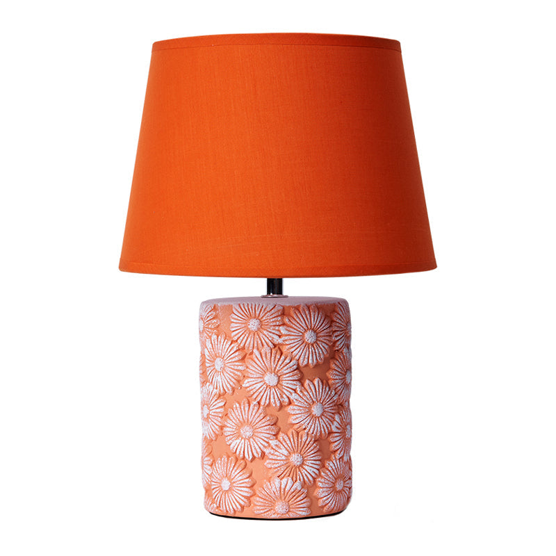 Orange Tapered Drum Table Light Rustic Fabric 1 Head Bedside Night Lamp with Carved Sunflower Base Clearhalo 'Lamps' 'Table Lamps' Lighting' 1136651