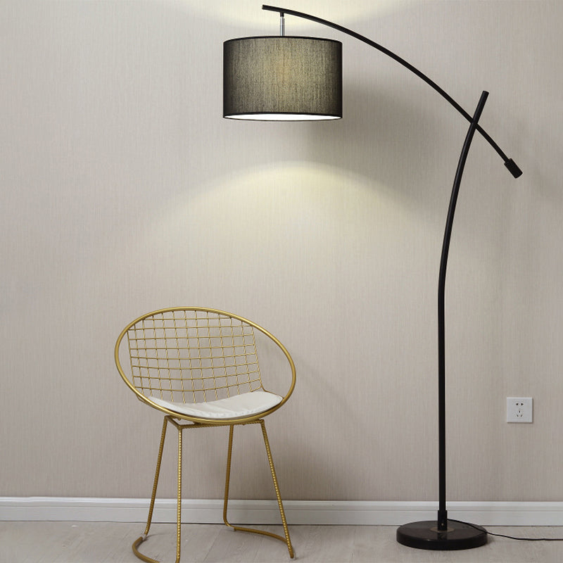 Modernism Drum Standing Floor Lamp Fabric 1 Head Living Room Floor Reading Lamp in Black/Gold/Black and White Black Clearhalo 'Floor Lamps' 'Lamps' Lighting' 1136844