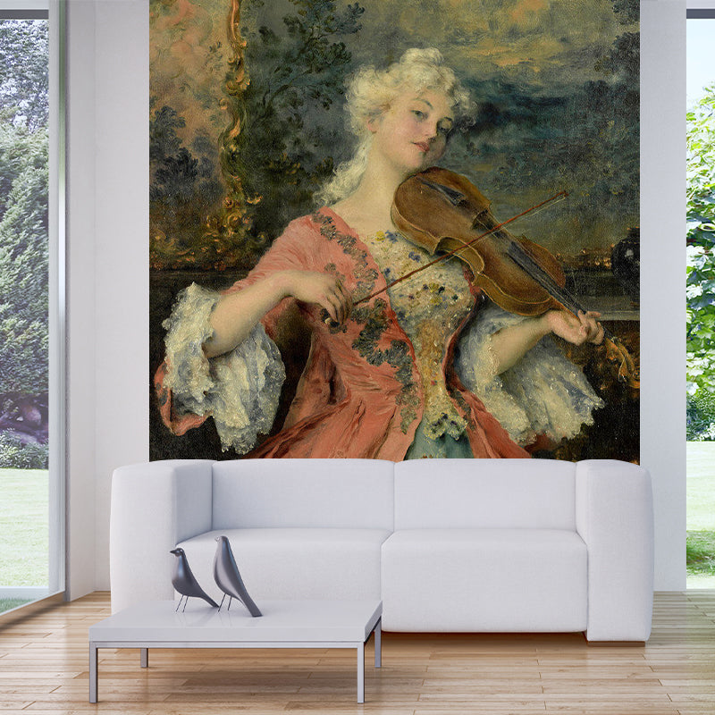 Large Illustration European Mural Wallpaper for Fireplace with Violin and Lady Design in Brown Brown Clearhalo 'Wall Decor' 'Wall Mural' 1150646