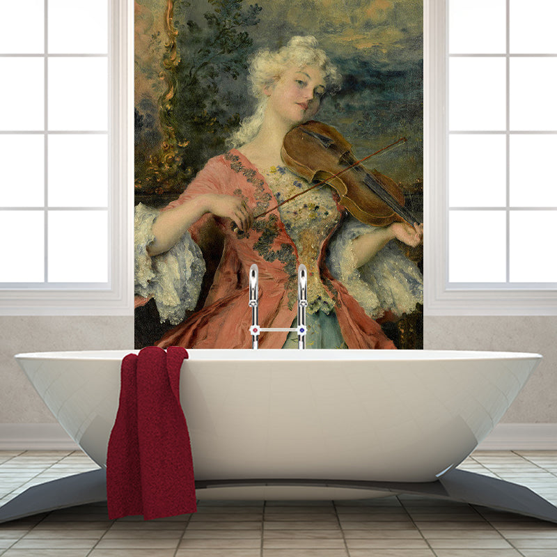 Large Illustration European Mural Wallpaper for Fireplace with Violin and Lady Design in Brown Clearhalo 'Wall Decor' 'Wall Mural' 1150648