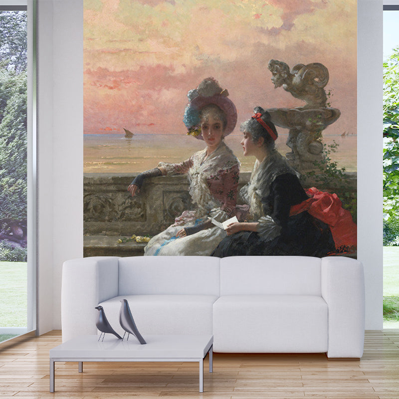 Victorian Lady Painting Mural Wallpaper Black-Pink Stain Resistant Wall Decor for Home Black-Pink Clearhalo 'Wall Decor' 'Wall Mural' 1150656