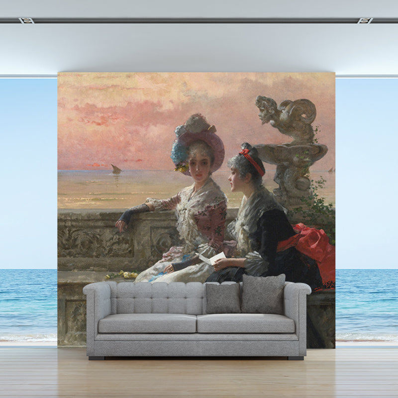 Victorian Lady Painting Mural Wallpaper Black-Pink Stain Resistant Wall Decor for Home Clearhalo 'Wall Decor' 'Wall Mural' 1150658