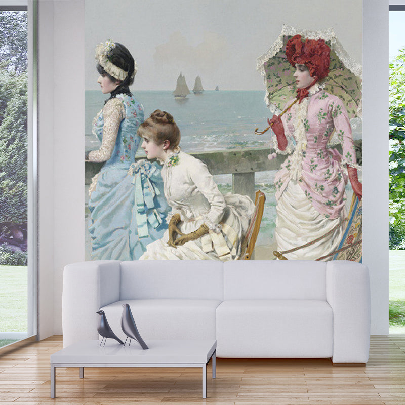 Looking Out To Sea Murals Classic Stain Resistant Living Room Wall Art in Blue-White Clearhalo 'Wall Decor' 'Wall Mural' 1150663