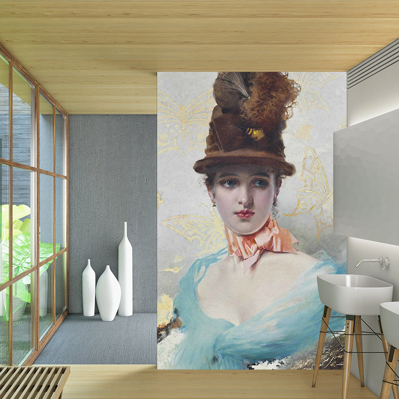 Victoria Sad Girl Painting Murals Blue and White Hallway Wall Decoration, Waterproof Clearhalo 'Wall Decor' 'Wall Mural' 1150668