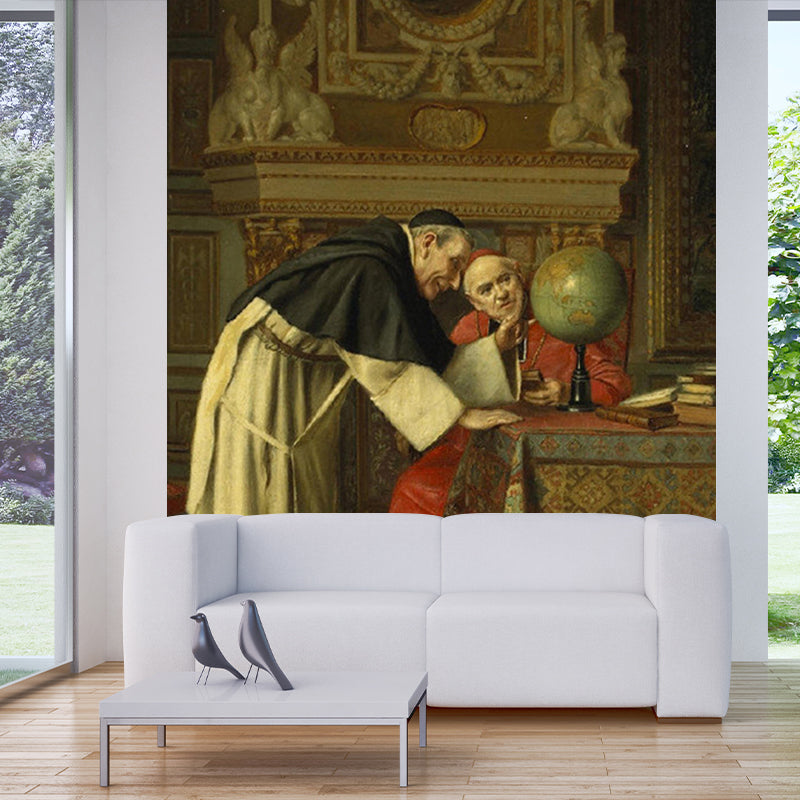 Brown Renaissance Wall Paper Murals Full Size Curious Cardinal and the Globe Wall Decor for Hall Brown Clearhalo 'Wall Decor' 'Wall Mural' 1150688