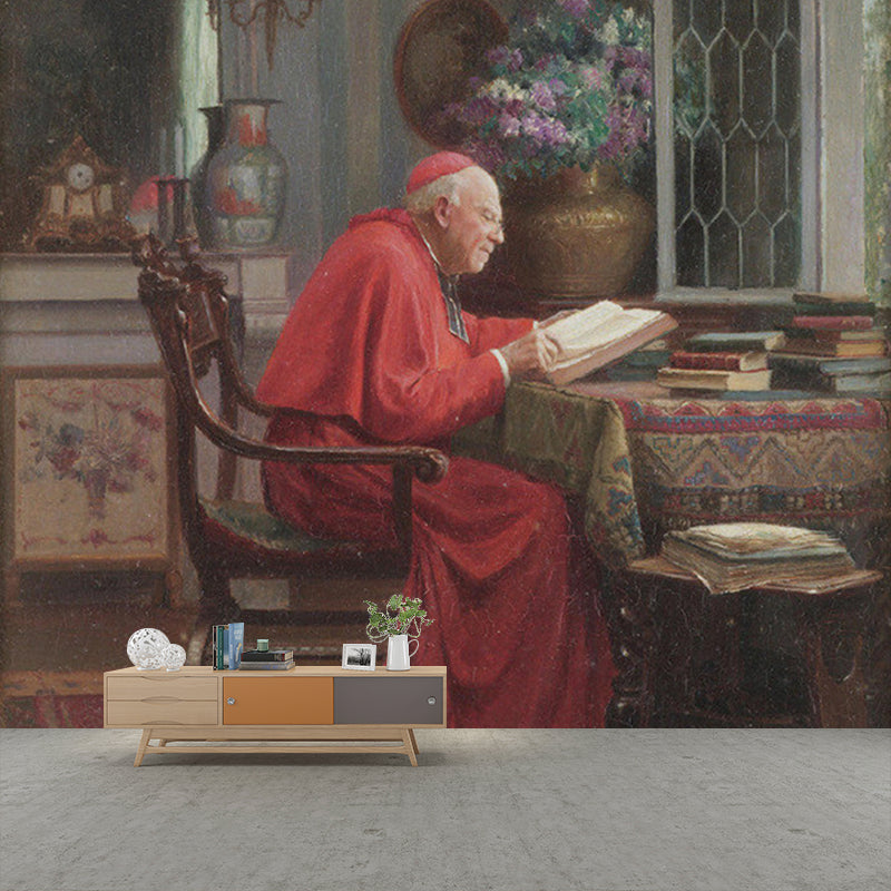 Catholic Cardinal Reading Mural Wallpaper Vintage Moisture Resistant Living Room Wall Art Red Brown Clearhalo 'Wall Decor' 'Wall Mural' 1150698