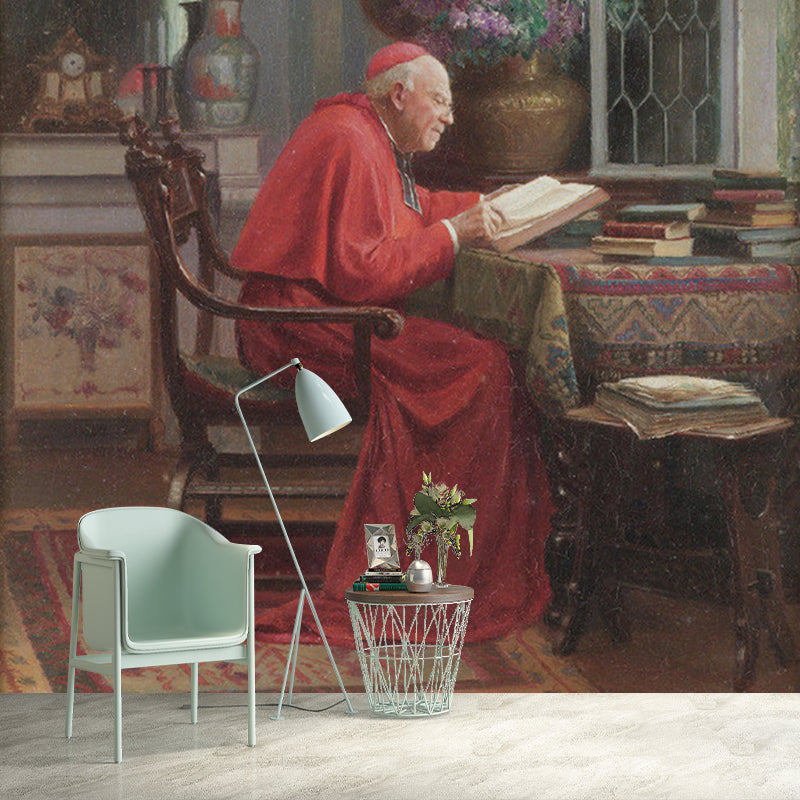 Catholic Cardinal Reading Mural Wallpaper Vintage Moisture Resistant Living Room Wall Art Clearhalo 'Wall Decor' 'Wall Mural' 1150699