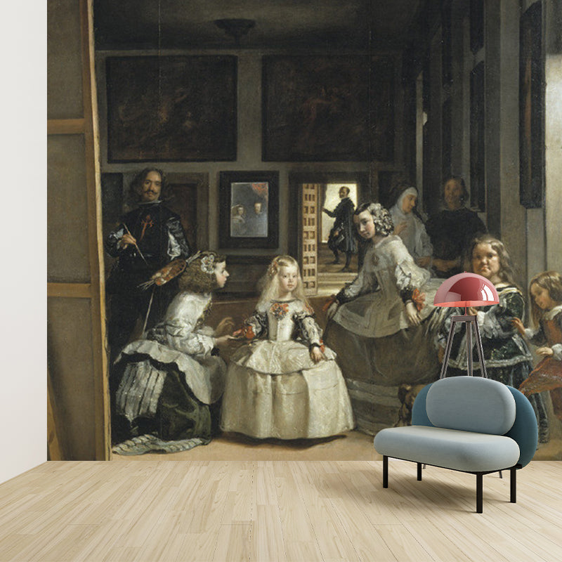 Full Size Las Meninas Murals Black-Brown Non-Woven Fabric Wall Art, Stain Resistant Black-Brown Clearhalo 'Wall Decor' 'Wall Mural' 1150713