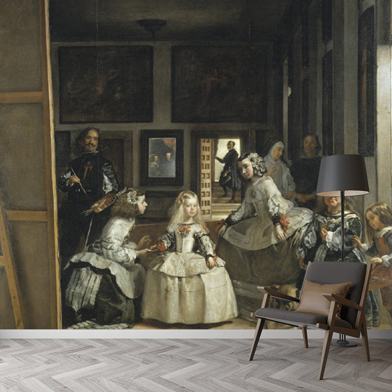 Full Size Las Meninas Murals Black-Brown Non-Woven Fabric Wall Art, Stain Resistant Clearhalo 'Wall Decor' 'Wall Mural' 1150714