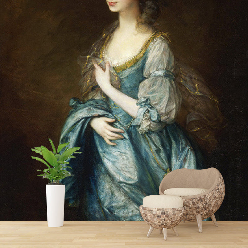 Painting of Mrs Duncombe Mural Blue and Coffee Victorian Style Wall Decor for Living Room Blue Coffee Clearhalo 'Wall Decor' 'Wall Mural' 1150748