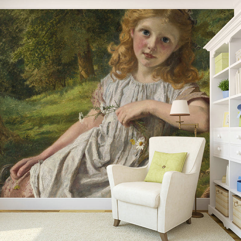 Victorian Portrait Blonde Girl Mural Green Stain-Proof Wall Decoration for Bedroom Clearhalo 'Wall Decor' 'Wall Mural' 1150784