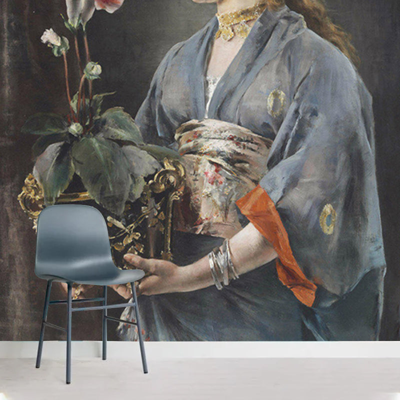 Whole Antique Wall Murals Blue and Grey Woman with Potted Vase Painting Wall Art Blue-Gray Clearhalo 'Wall Decor' 'Wall Mural' 1150848
